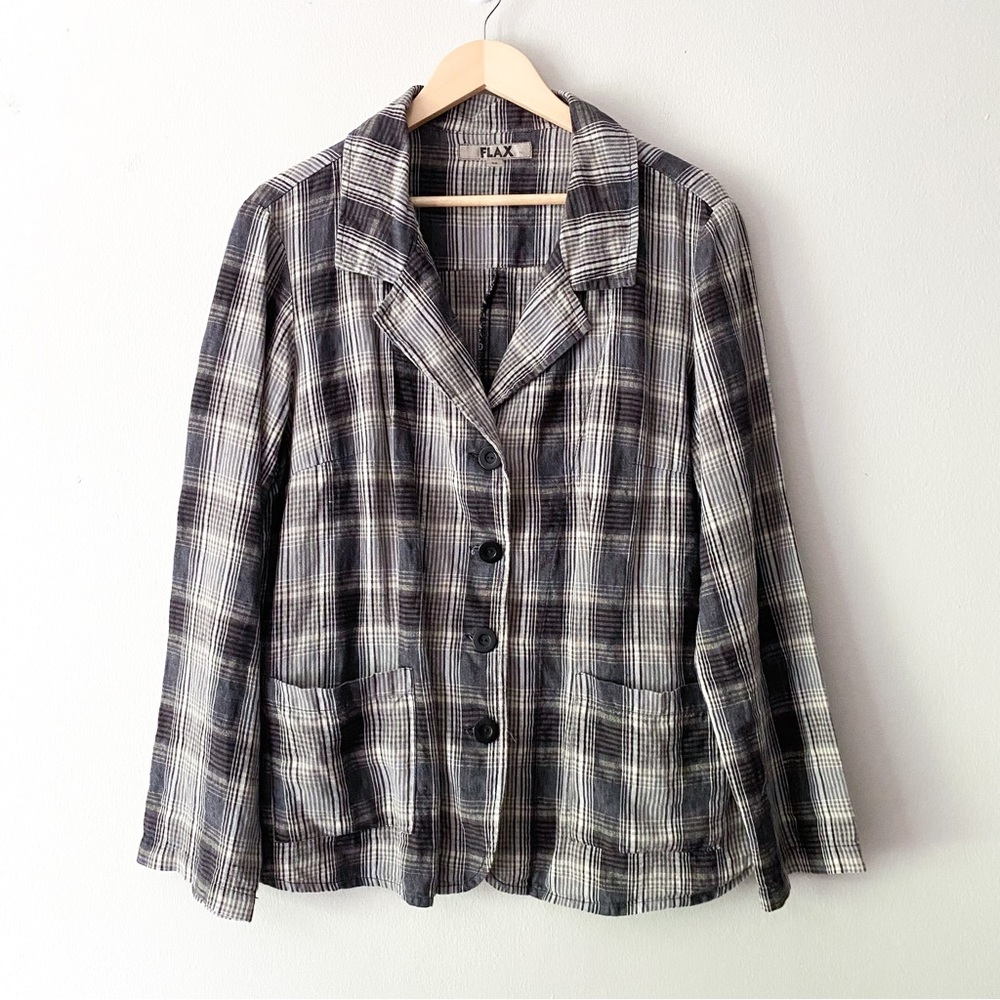 FLAX Neutral Plaid Career Casual Lagenlook Relaxed Fit 100% Linen Blazer Medium